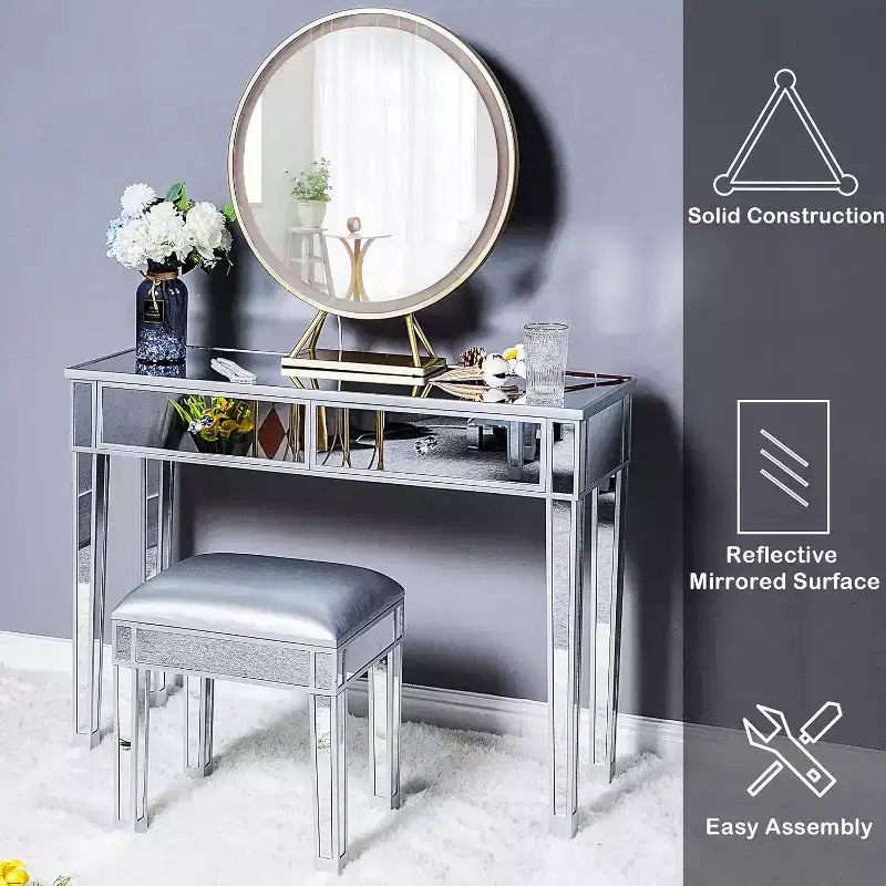 Silver Mirrored Vanity Bench with Storage, Faux Leather, 1-Seat