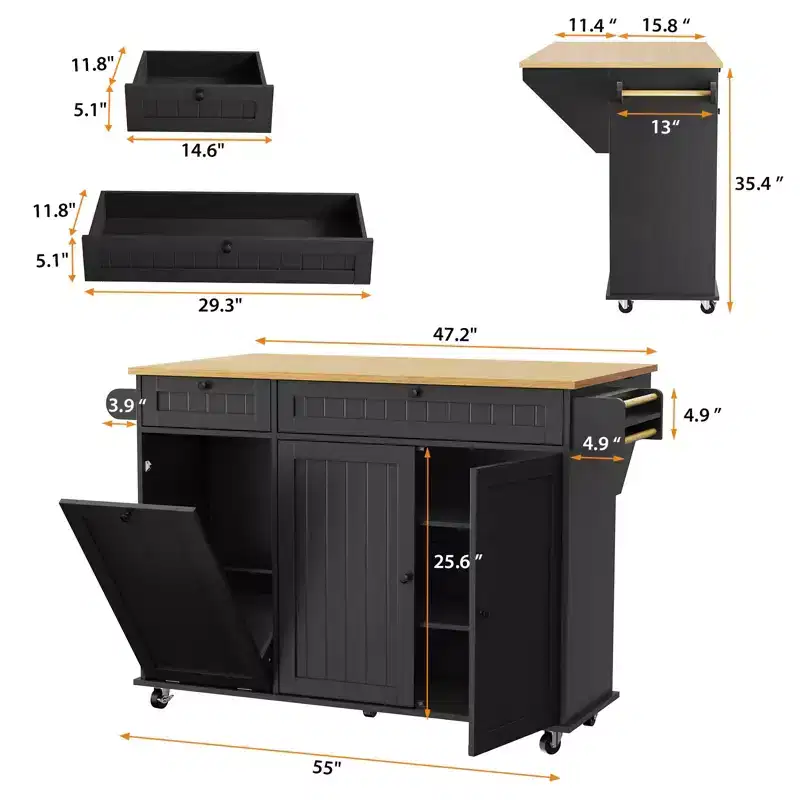 55 Mobile Island Table with Power Outlet & Drop Leaf, Kitchen Rolling Island Kitchen Island Cart with Trash Storage Cabinet for Kitchen