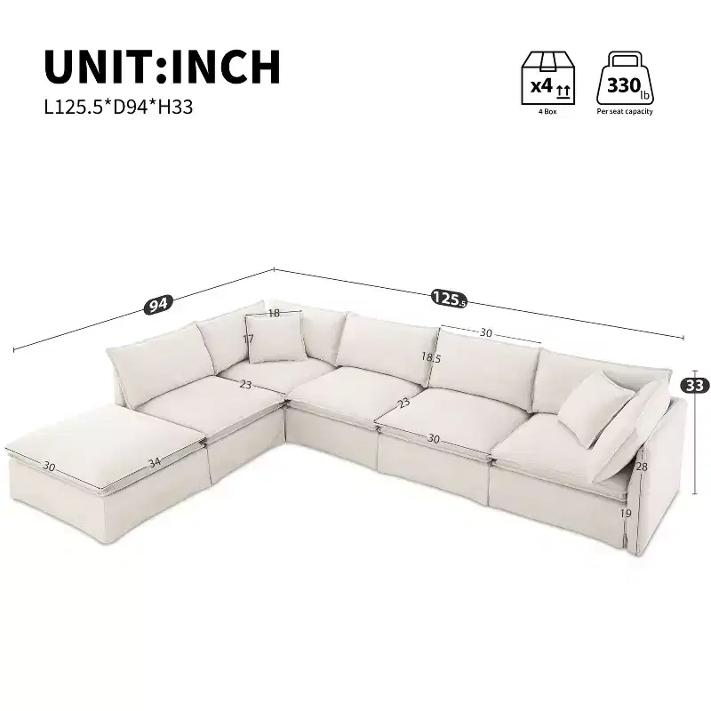 125.5'' 6-Seat Modular Chenille Sectional Sofa, Wide Seat with Movable Ottoman, Oversized Couch for Living Room or Apartment