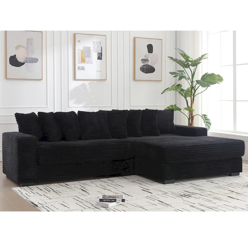 Black 111 Corduroy Upholstered L-Shaped Sectional Sofa with Oversized Right Chaise Longue and 8 Throw Pillows