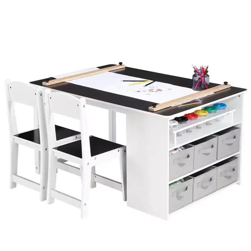 CuisinSmart Kids' Art Table and Stool Set, Toddler Craft and Play Wood Activity Table With Storage Bins, Drawing Desk, Crafts for Children Woode