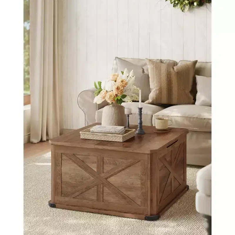 VASAGLE Farmhouse Coffee Table with Storage, Square Coffee Table for Living Room, Center Table with Flip-Top Lids