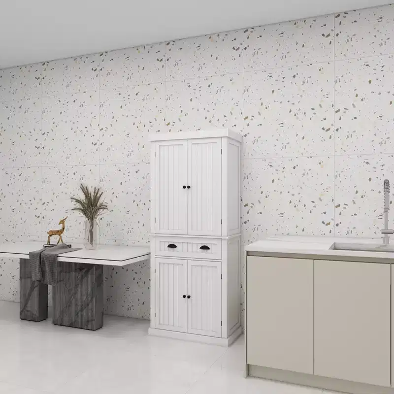 White Wood 29.92 in. Pantry Cabinet with Doors and DrawersAdjustable Shelves