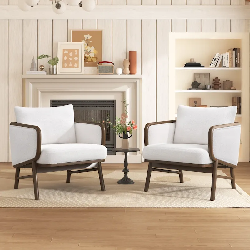 Sherpa Fabric Accent Chair Set of 2, Upholstered Armchair with Solid Wood Frame