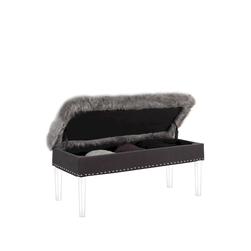 HomeRoots 42 Gray and Clear Upholstered Faux Fur Bench with Flip top