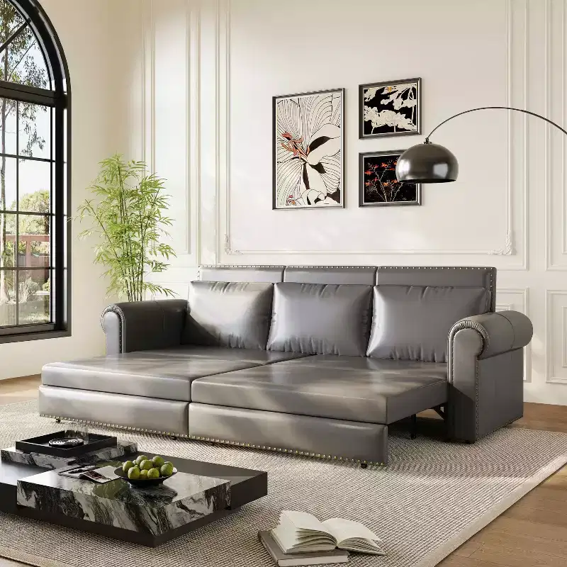 MAYEERTY 93.7 King Pull Out Sofa Bed, 3-in-1 Faux Leather Convertible Sleeper Sofa with Nailhead Trim& Rolled Arm Gray