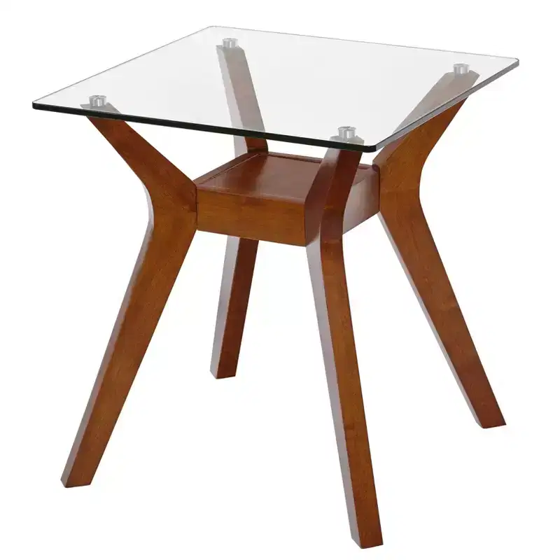 Buylateral Fontana Glass Top End Table Walnut: Mid-Century Modern, Rubberwood Frame, Clear Tempered Top