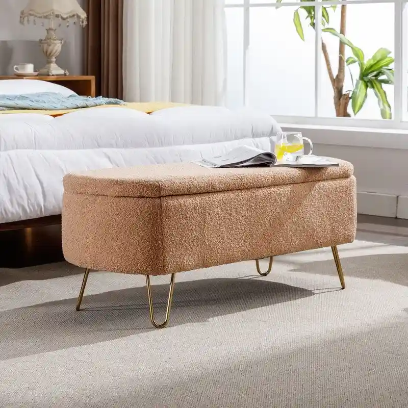 Modern Fuzzy Storage Bench, Upholstered Ottoman with Storage Space and Gold Legs, End of Bed Bench, Footrest Stool