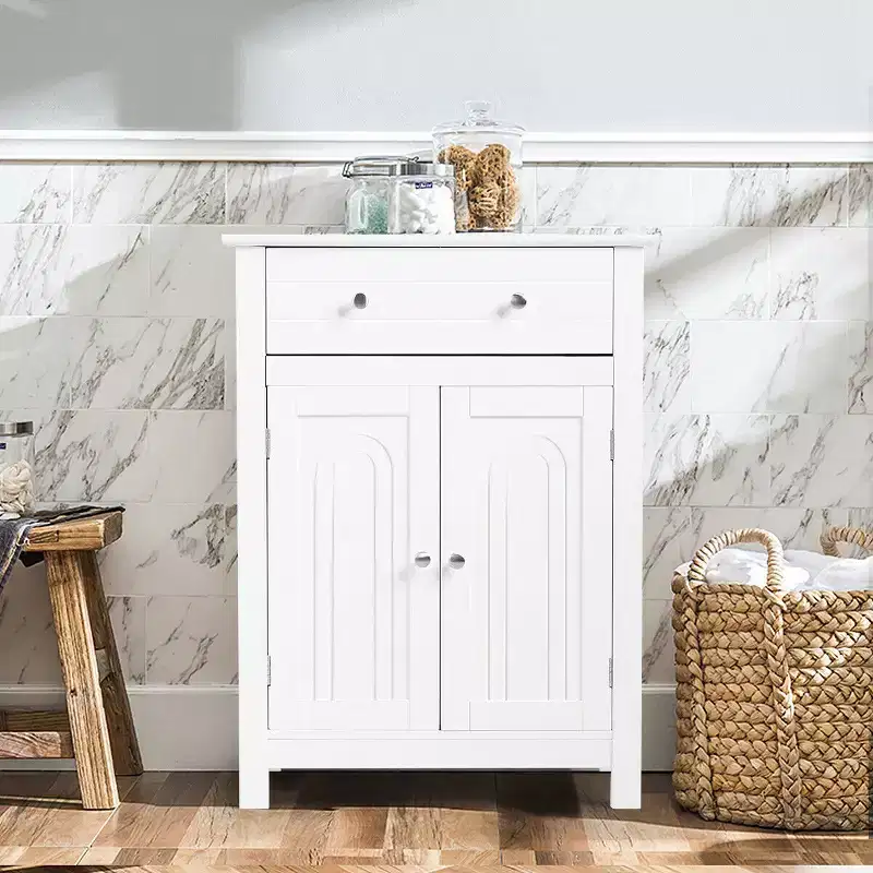 Bathroom Storage Cabinet Free Standing Large Drawer W/Adjustable Shelf White