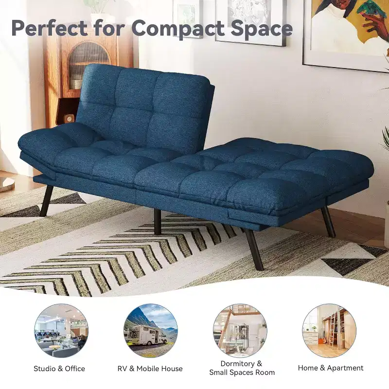 Futon Sofa Bed, Convertible Loveseat Sleeper, Linen Fabric Couch with Adjustable Back & Arms for Living Room, Guest Room - Light Gray