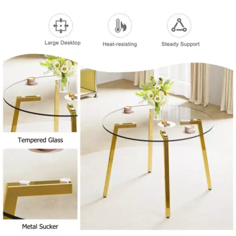 Modern minimalist style circular transparent tempered glass table, tempered glass tabletop, golden metal legs