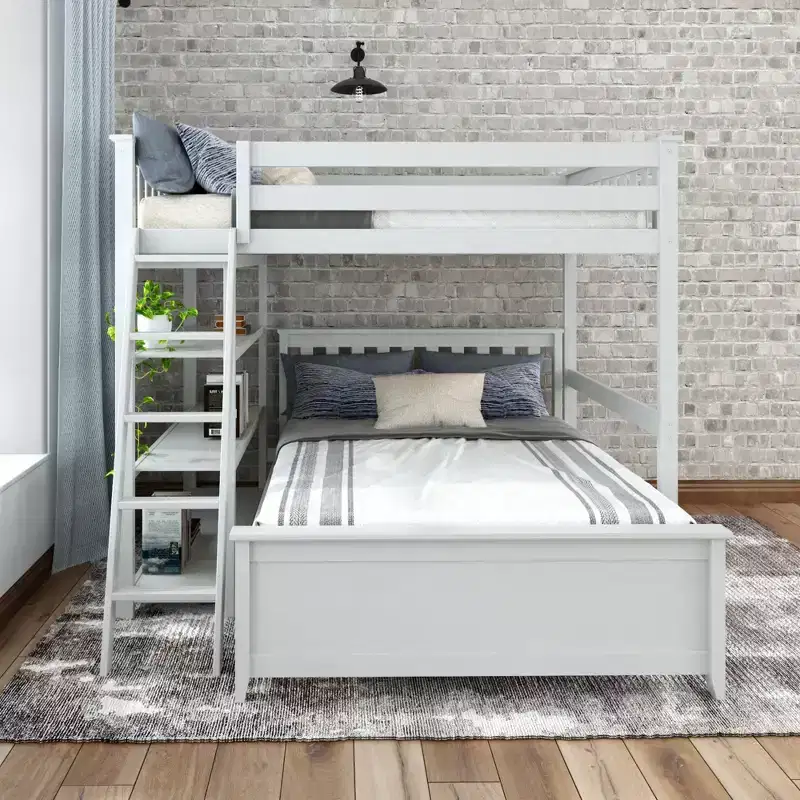 L-Shaped Full over Full Bunk Bed with Bookcase