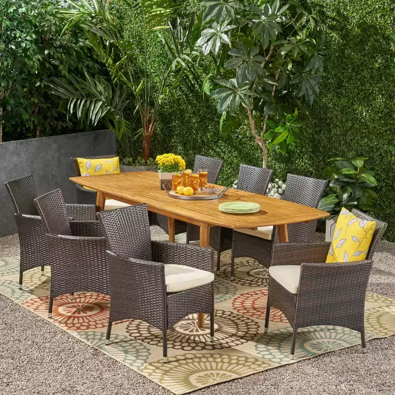 Christopher Knight Home Algoma Outdoor Acacia Wood and Wicker 9 Piece Dining Set with Cushion