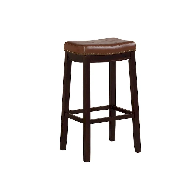 Espresso Wood Counter Stool with Cognac Faux Leather Seat, 32.5