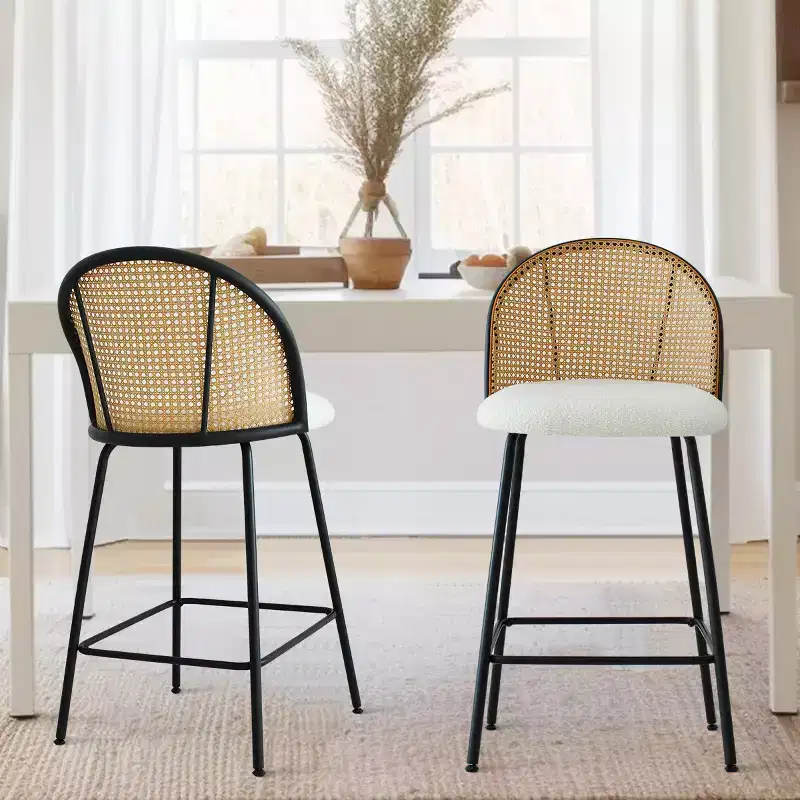 Set of 2 Modern Rattan Back Counter Stools, Armless Boucl Fabric Seats with Metal Base, Kitchen Island Stools, Breakfast Bar Chairs-Panipeachy