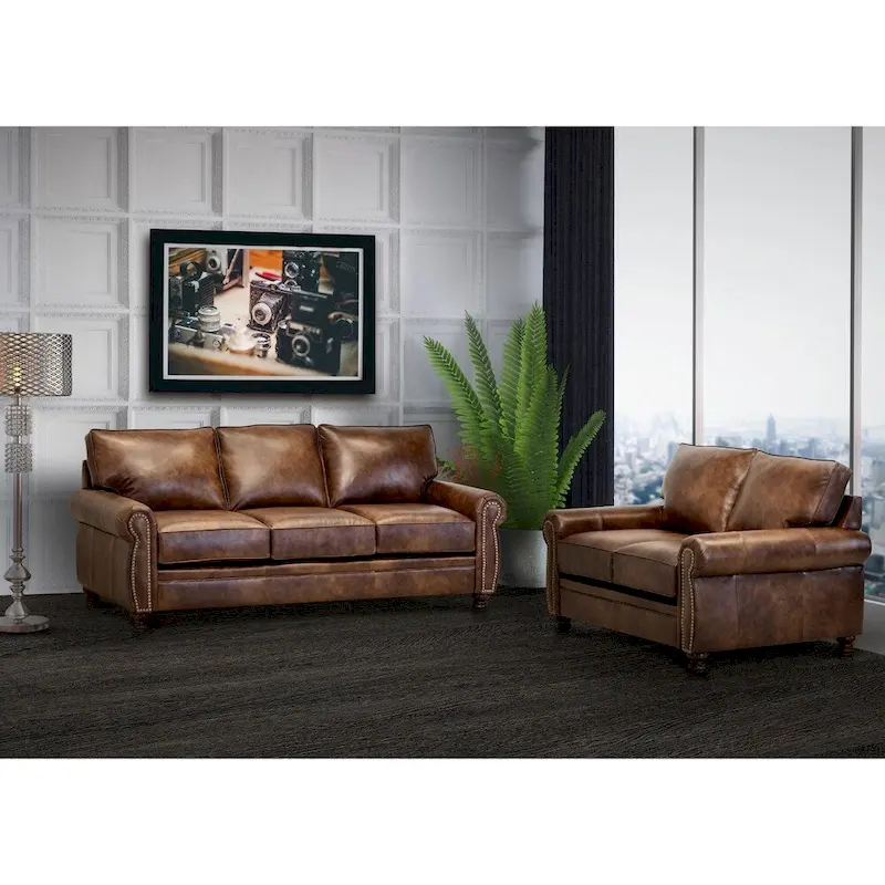 Made in USA Cabot Brown Top Grain Leather Sofa and Loveseat