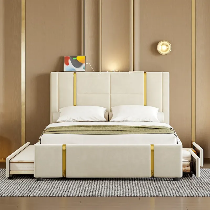 Queen Velvet Platform Bed with 2 Drawers, USB Port & Night Light