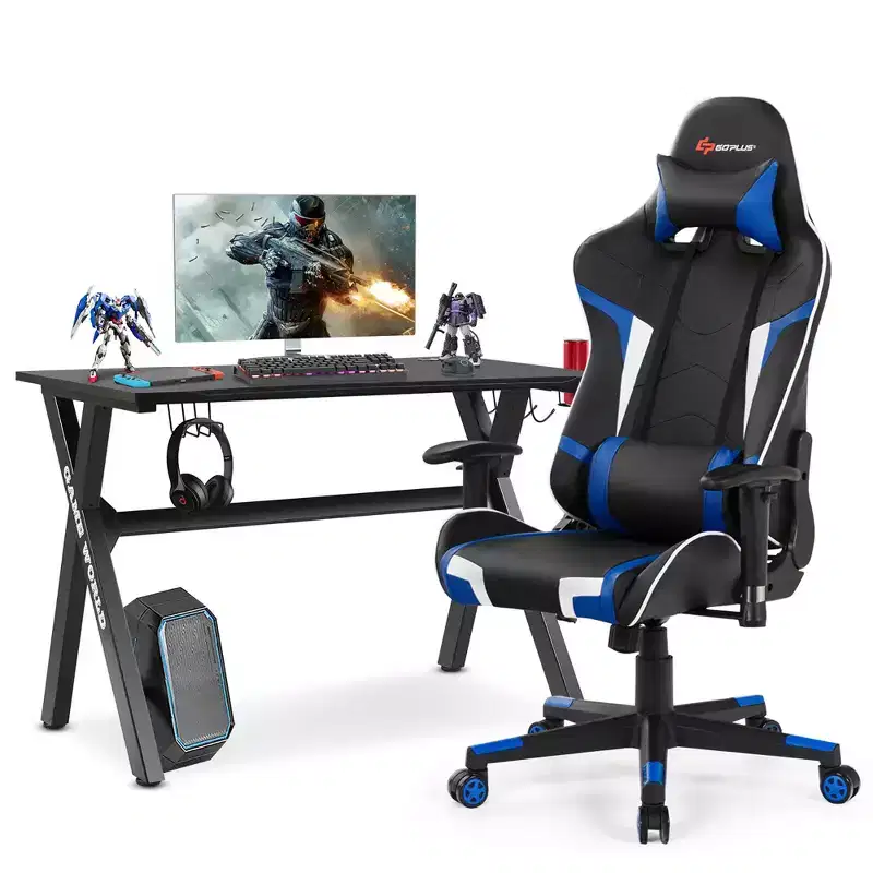 Costway X-Shaped Gaming Desk & Racing Style Massage Chair Set Home Office Black+White/Blue/Grey/Red