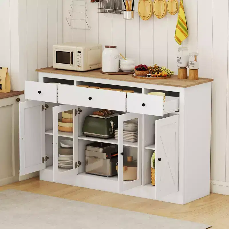Costway 55 Large Buffet Sideboard w/ 3 Drawers 2 See-through Doors Adjustable Shelves