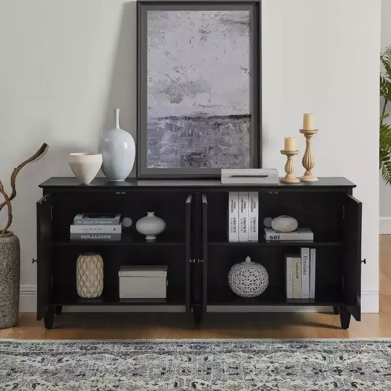 65 Mid-Century Modern Sideboard Buffet Cabinet, Large Storage Console Table with Geometric Doors and Adjustable Shelf - Panipeachy