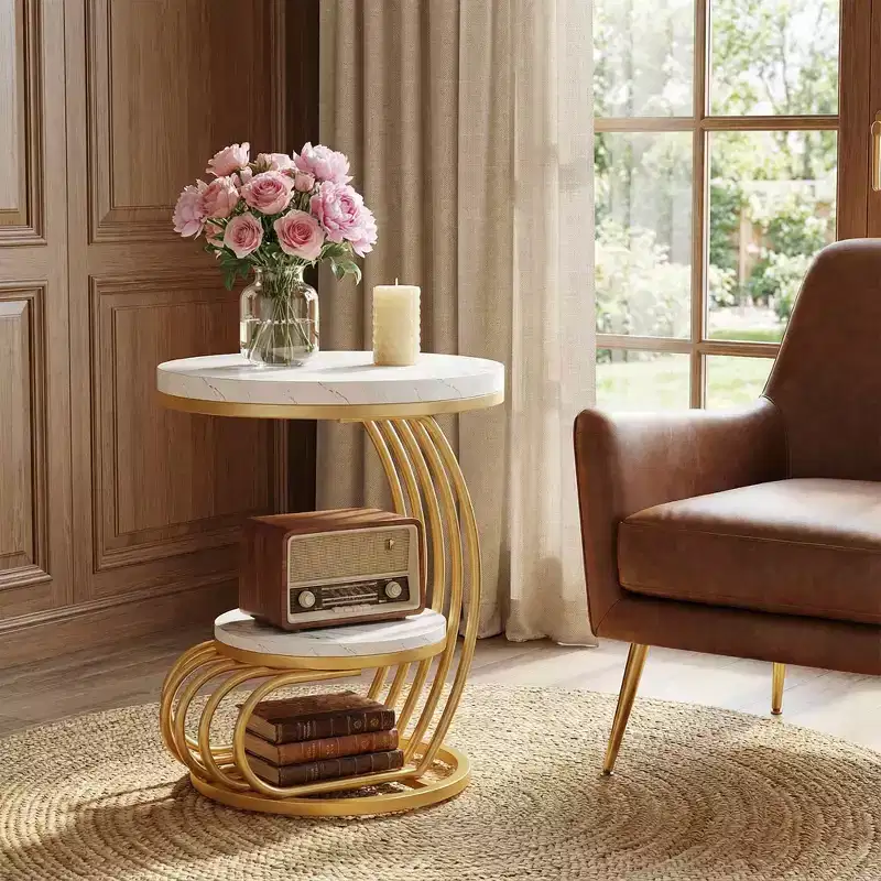 MAYEERTY 2-Tier Round End Table, Faux Marble Side Table with Storage Shelf