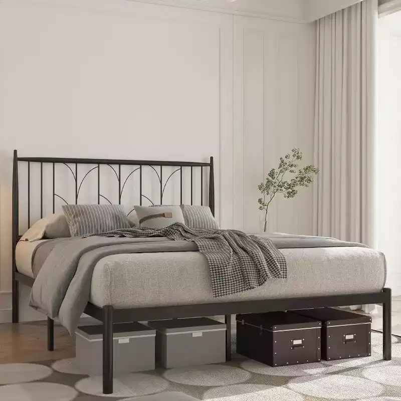Full Bed Frame, Heavy-Duty Metal Bed Frame, Exquisite Headboard, Ample Storage Space, Sturdy Metal Slats, Easy Assembly, No Box Spring Needed, Black