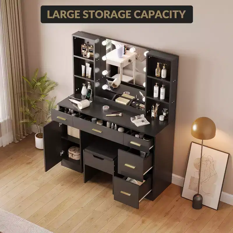 Modern Vanity Desk Table With Mirror and Lights,Built-in Power Outlet with Drawers & Cabinets,Open Storage,Vanity Table With Stool for Bedroom