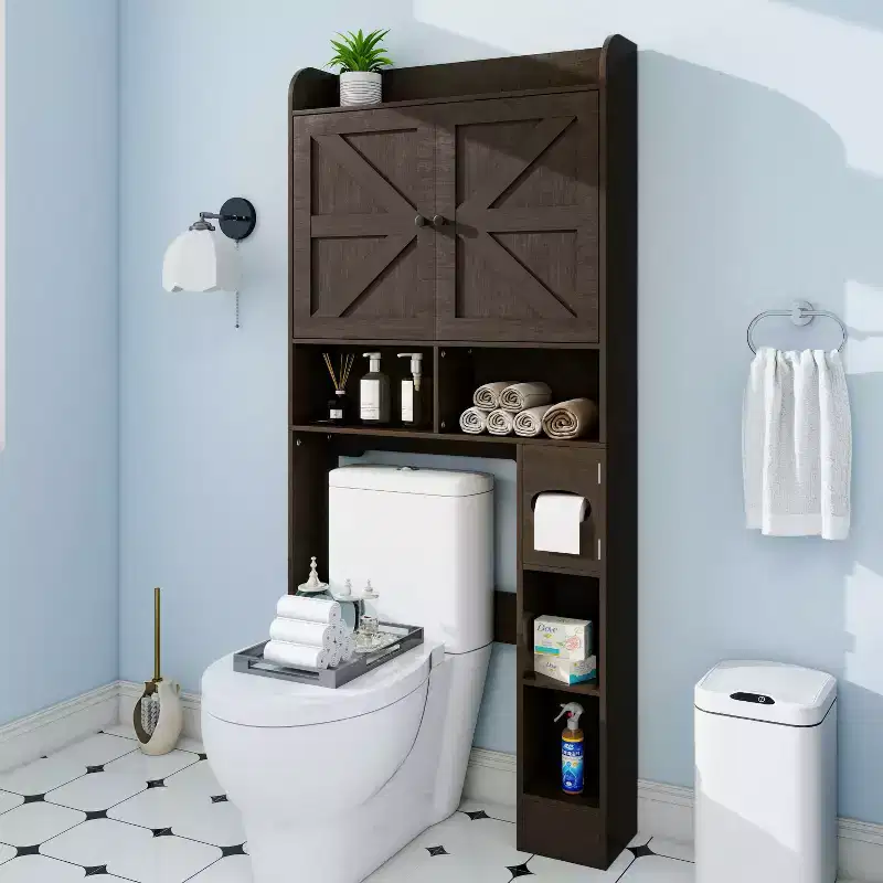 Over-the-Toilet Storage Cabinet| Bathroom Organizer Shelf with Barn Doors, Toilet Paper Holder