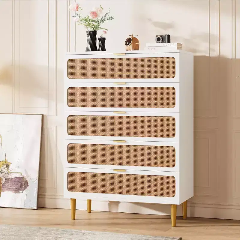 Rattan 5 Drawer Dresser for Bedroom, Chest of Drawers with Deep Drawers, Large Double Dresser for Closet with Wide Top, Tall Wooden Dresser for Living