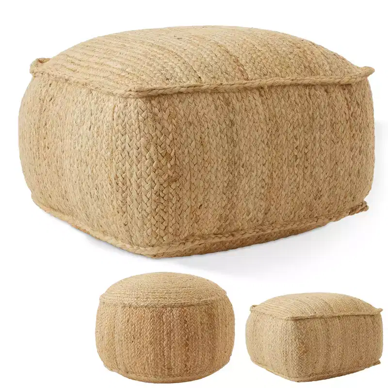 Braided Jute Pouf, 22W x 22D x 14H Woven Jute Ottoman Footrest, Decorative Indoor Boho Home Accent