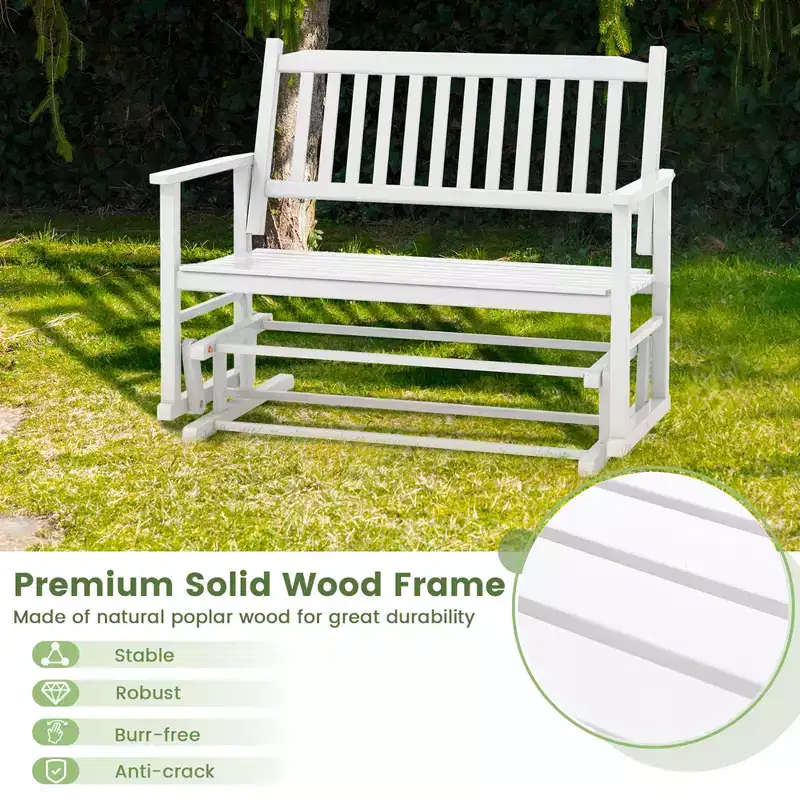 Costway Patio Glider Loveseat Chair Swing Rocking Bench with Slatted Seat & Curved Backrest White/Natural/Gray