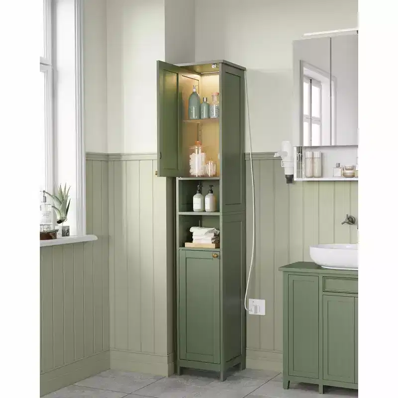 Tall Bathroom Cabinet with Lights, Slim Bathroom Storage Cabinet, Freestanding Narrow Cabinet with Adjustable Shelves, for Small Spaces, Modern