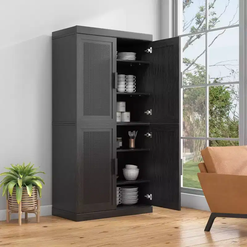 62x31x16 Wood Grain Buffet Cabinet in Black, Storage Organizer with Adjustable Shelves and Rattan Doors for Kitchen Bedroom Living/Dinning Room