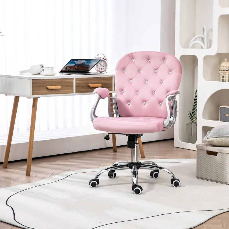 Vanity Middle Back Office Chair Tufted Backrest Swivel Rolling Wheels Task Chair with Height Adjustable Armrests