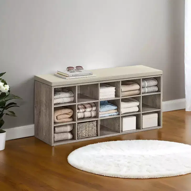 Shoe Rack Bench with Cushion 15 Compartments Storage Bench Shoe Bench for Entryway, 11.8 x 41.3 x 18.9 Inches