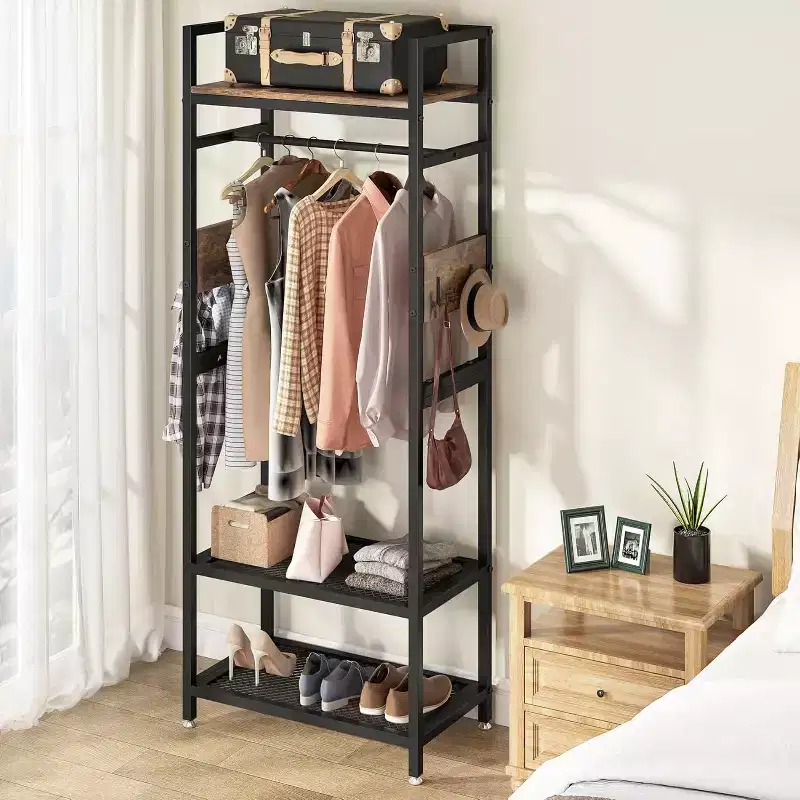 69-inch Tall Heavy Duty Garment Rack: Freestanding Closet Organizer with Open Storage Shelves and Hooks, Brown & Black for Bedroom.