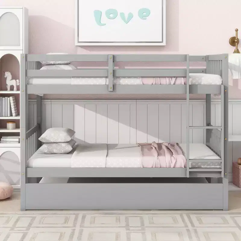 MAYEERTY Twin Rubber Wood Bunk Bed with Trundle Twin Bunk Bed with Ladder and Safety Guardrails Gray
