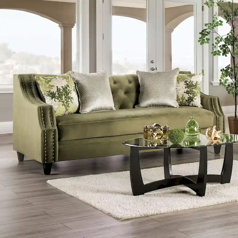 Transitional Olive Green Microfiber Tufted Sofa – Nailhead Trim, Solid Wood Frame, Seats 3