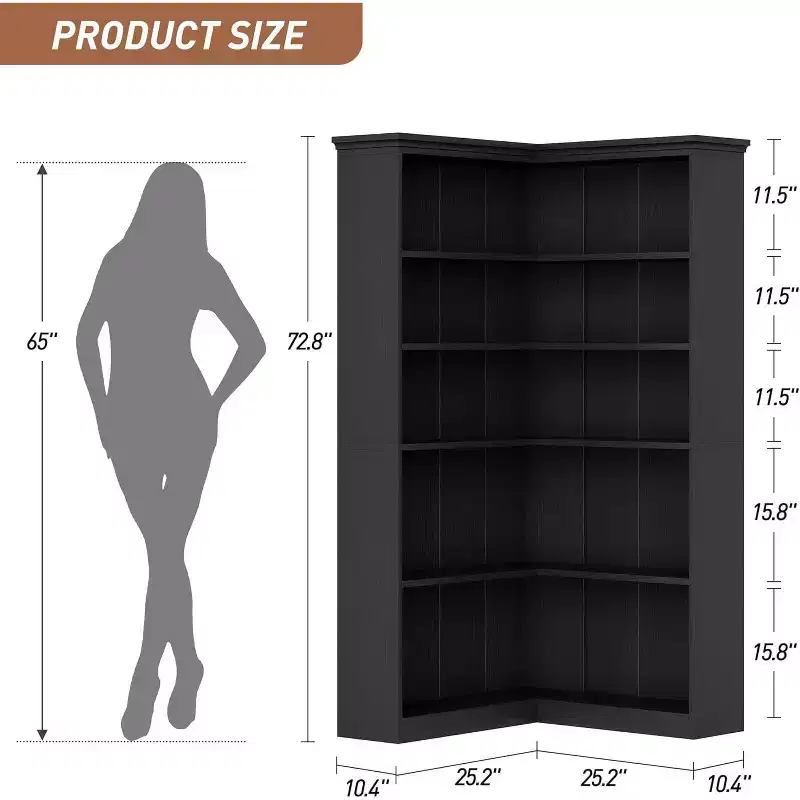 73 L-Shaped Corner Bookshelf - 5-Tier Farmhouse Shelf with 60lb Capacity, Thickened MDF Boards