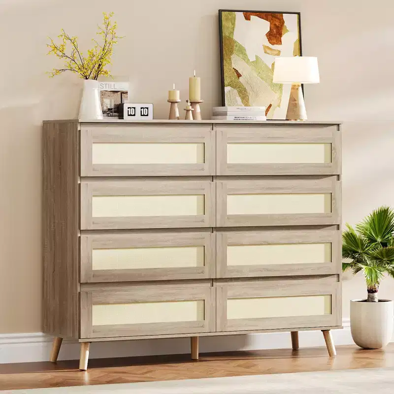 Rattan 8 Drawer Dresser for Bedroom, Wooden Chest of Drawers with Storage, Clothes Organizer Cabinet for Nursery, Living Room, Entryway