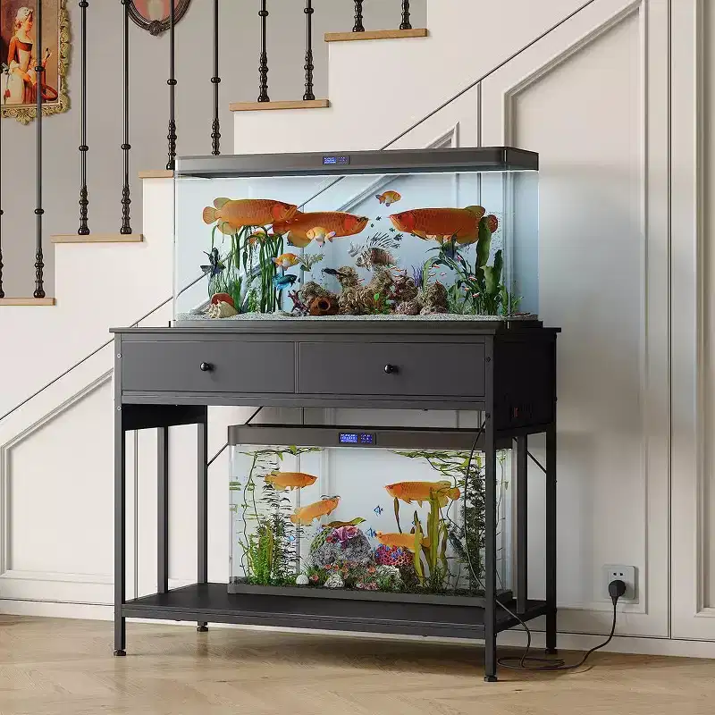 Heavy Duty Fish Tank Stand with Power Outlet, 40-50 Gallon Double Metal Aquarium/Reptile Terrarium Table, 2 Storage Drawers & Height Adjustable Feet