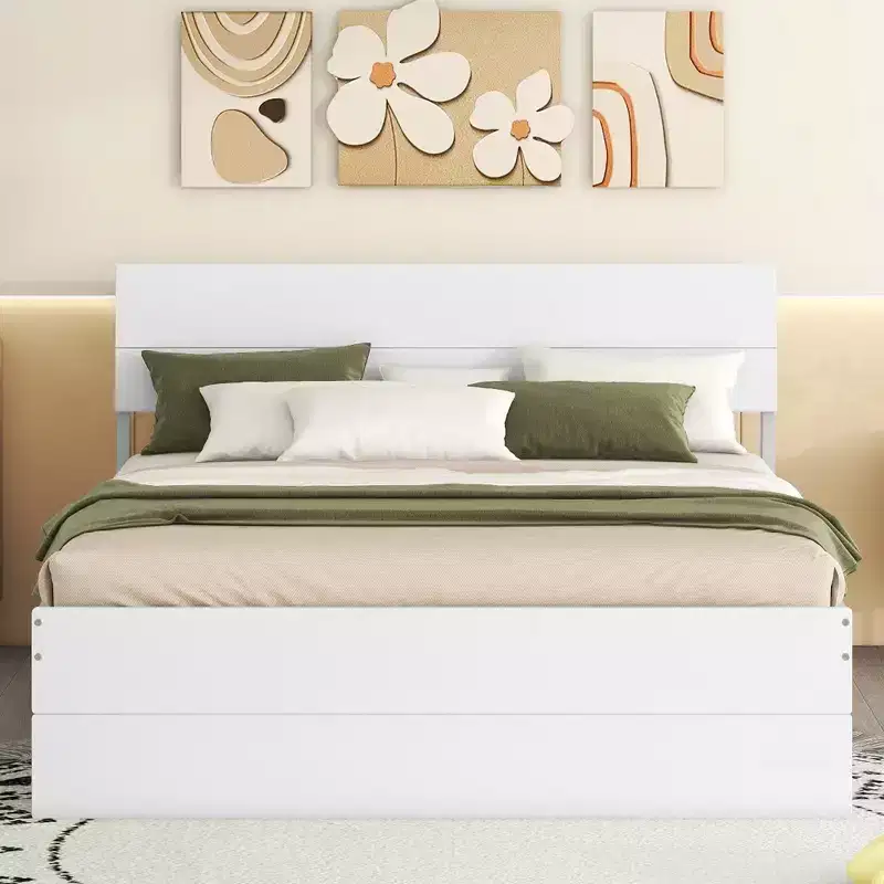 Full Size Platform Bed Frame with Twin Trundle & 2 Drawers, Wood Slat Support, No Box Spring Needed for Guestroom Small Space