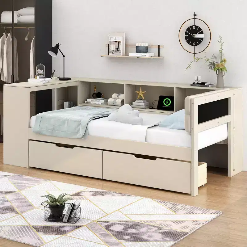 Whisen Twin Daybed with Linen Upholstered Headboard, Built-in Charging Station & Storage Shelves(Upgraded)