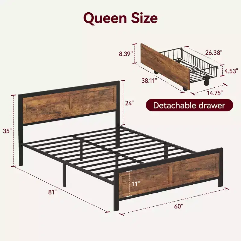 Metal & Wood Queen Platform Bed Frame with 4 Storage Drawers