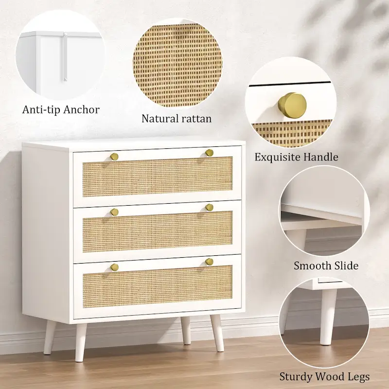 Mid-Century Modern 3-Drawer White Dresser Rattan Chest of Drawers Storage Organizer for Bedroom