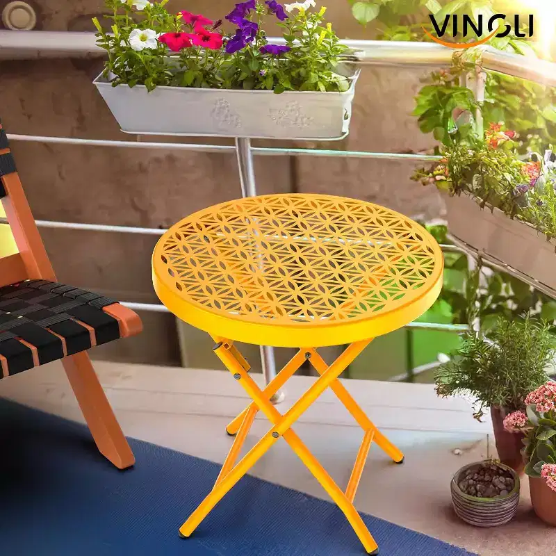 Patio Folding Side Table with Floral Pattern & X-Shaped Metal Frame – Yellow