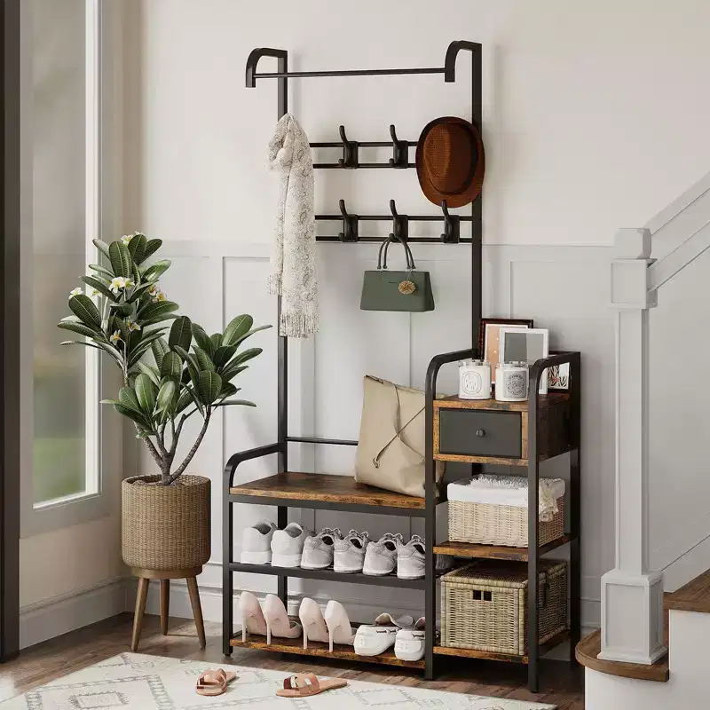 3-in-1 Hall Tree Coat Rack with Shoe Storage and Drawer, Heavy-Duty Steel Frame Entryway Bench, Multifunctional Mudroom Organizer