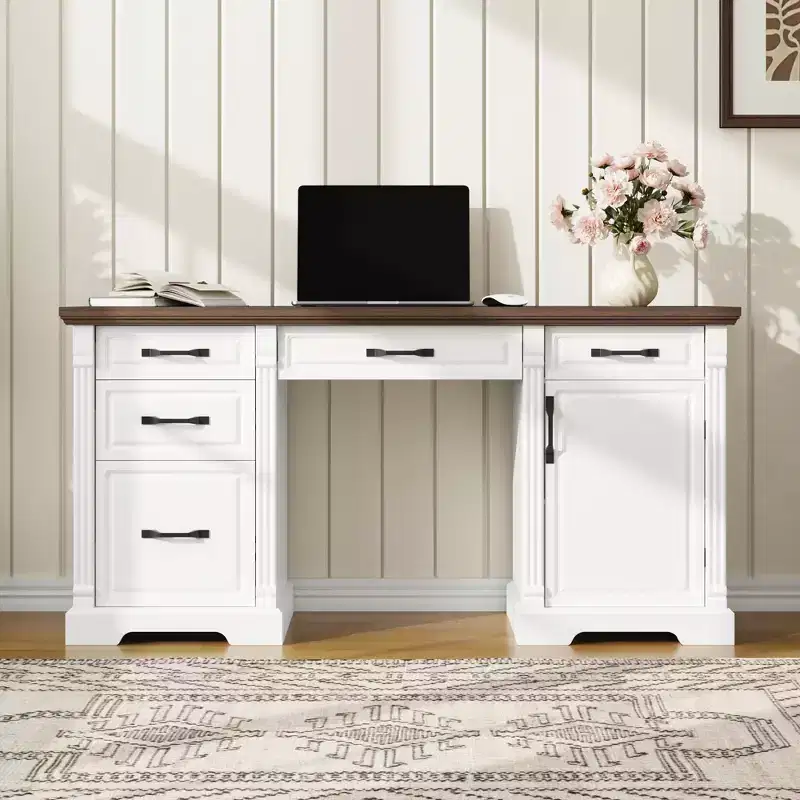 Famapy White and Brown Wooden Writing Desk Office Desk Computer Desk with Drawers - Home Office Workstation