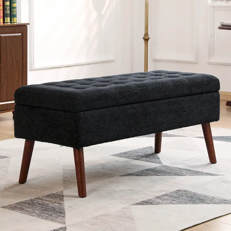 Linen Tufted Storage Bench with Safety Hinge and Wood Legs