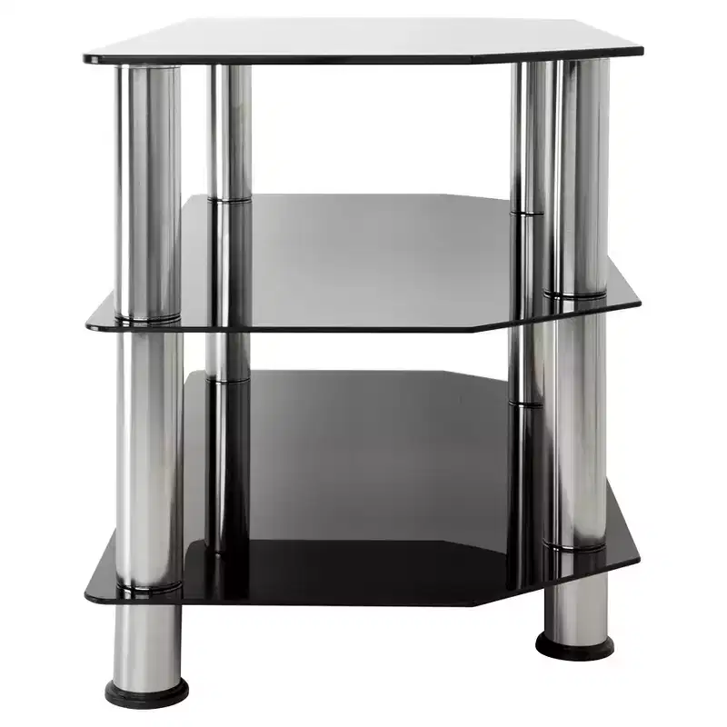 Black & Silver 3-Shelf Tempered Glass TV Stand, Fits TVs up to 43